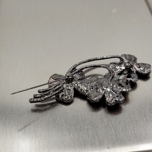 Vintage Enamel Brooch Pin 3" Brown Orange Flower Bouquet Rhinestone AB‎ Flecked - Picture 9 of 14